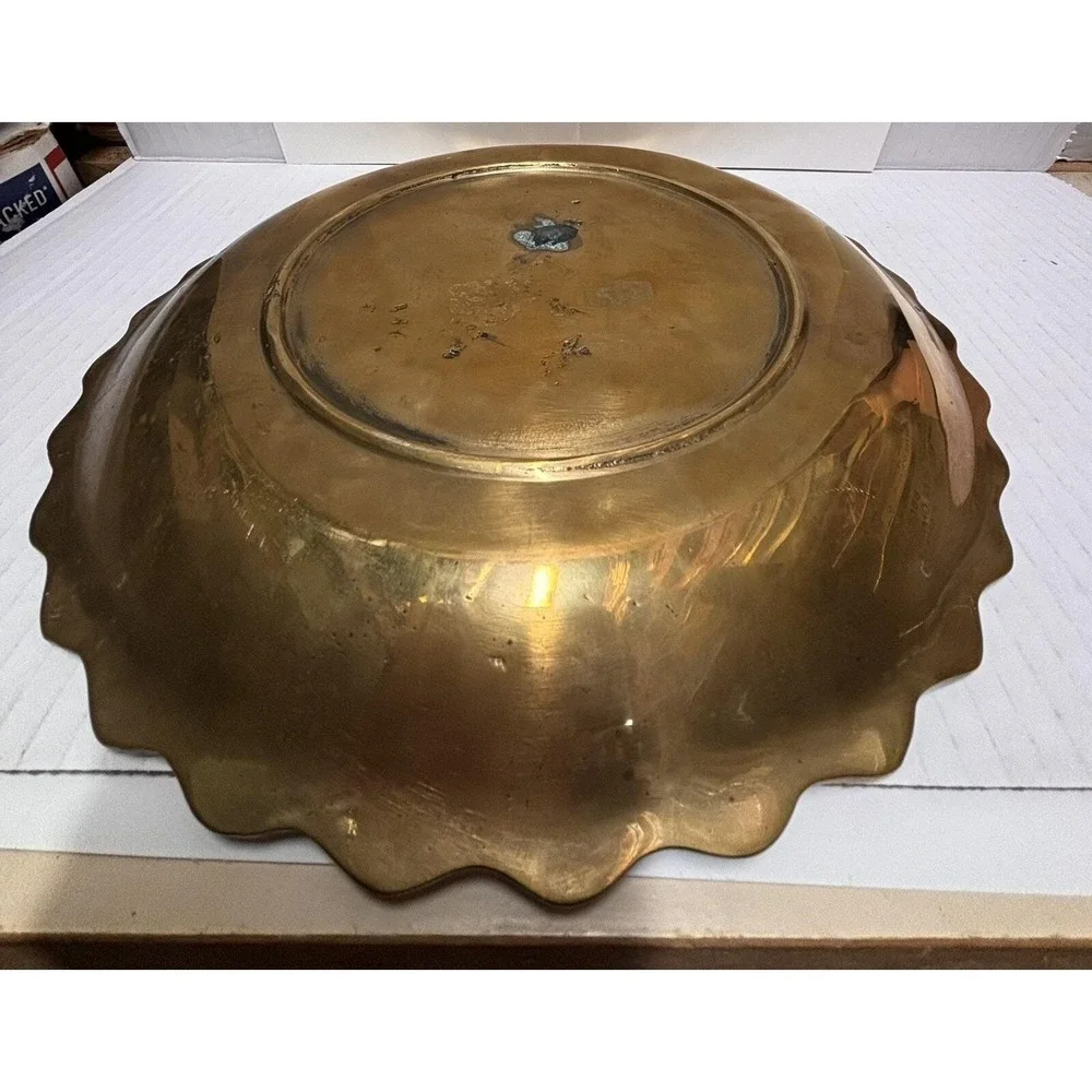 Plate Tray Hand Engraved Etched Decor Brass Scalloped Edge Vintage Chinese Heavy